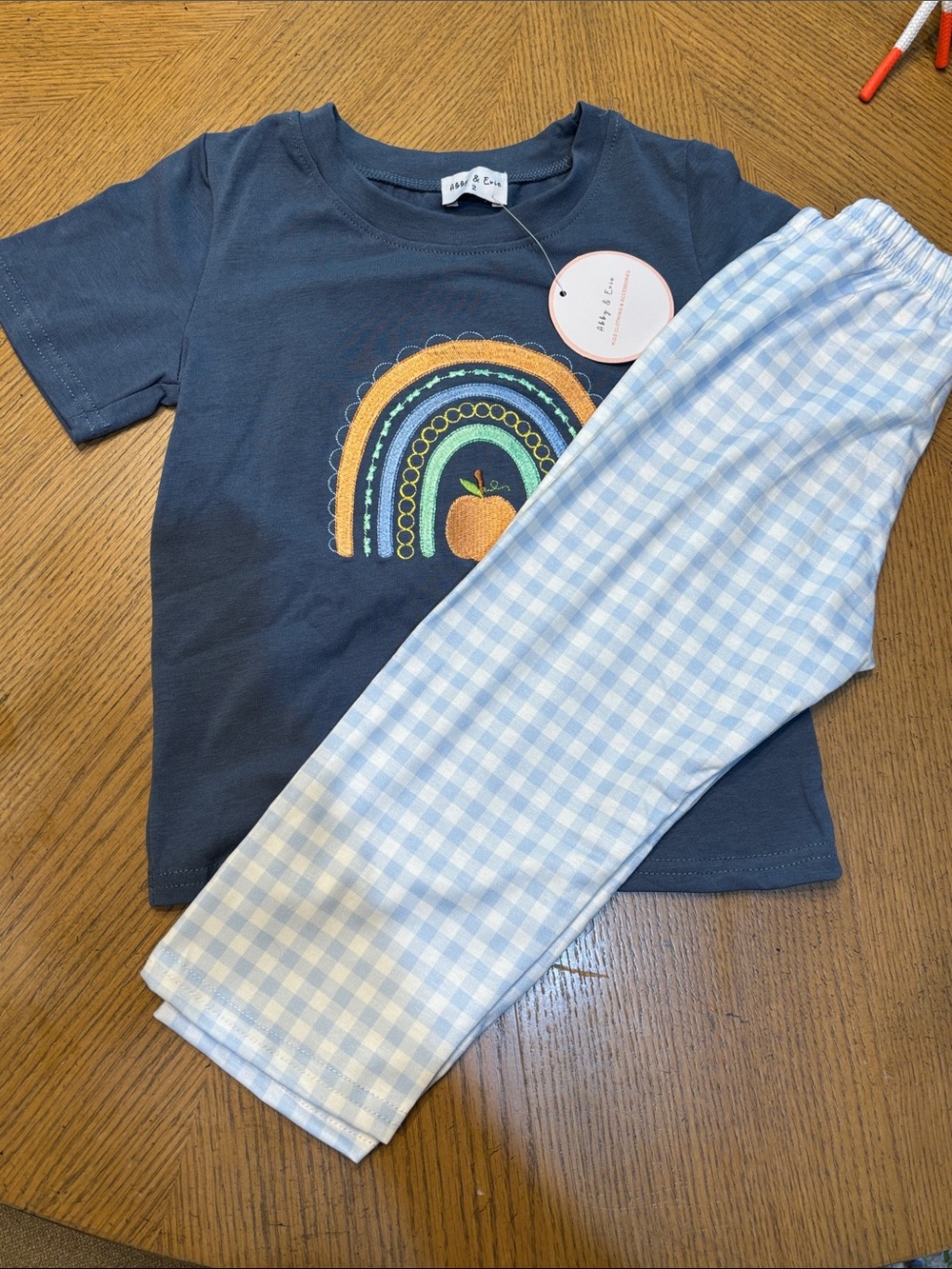 Girls Navy Rainbow & Peach Pajama Set with Light Blue Gingham Pants